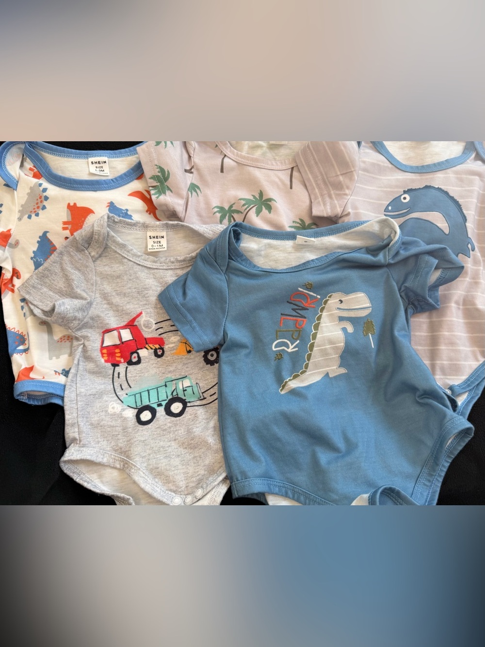 SHEIN Blue Dino and Truck Short-Sleeve Baby One-Piece